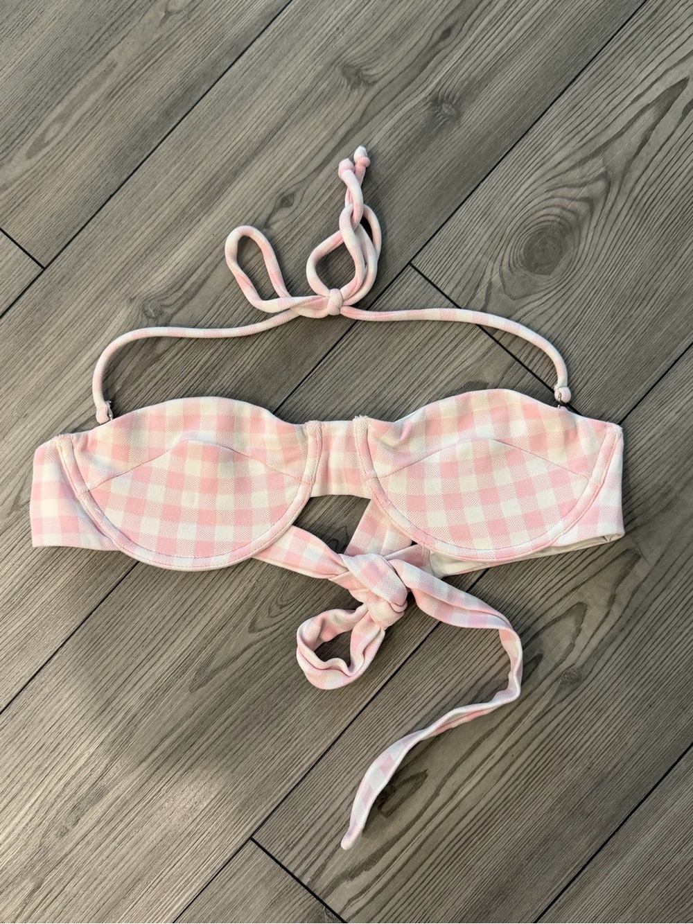 Frankie's Bikinis Pink and White Gingham Bandeau Top L